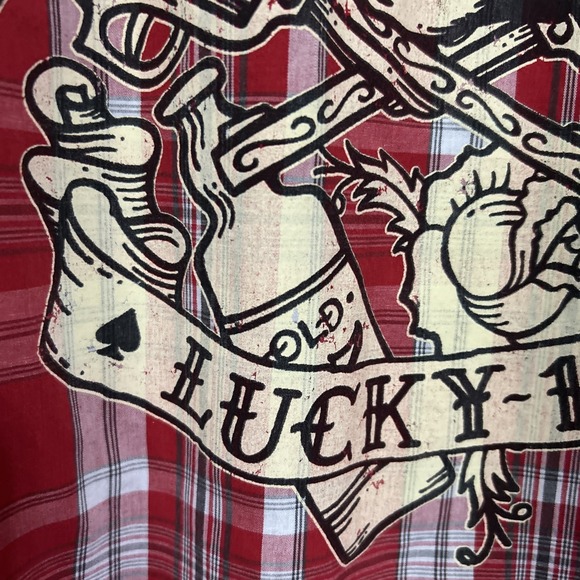 Lucky 13 Ride Culture Plaid Red Button Up Short Sleeve Shirt 2XL Dead Man's Hand - Picture 9 of 16